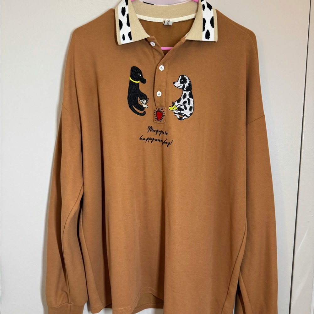 Brown Long Sleeve Polo with Dog Embroidery & Dalmatian Print Collar
